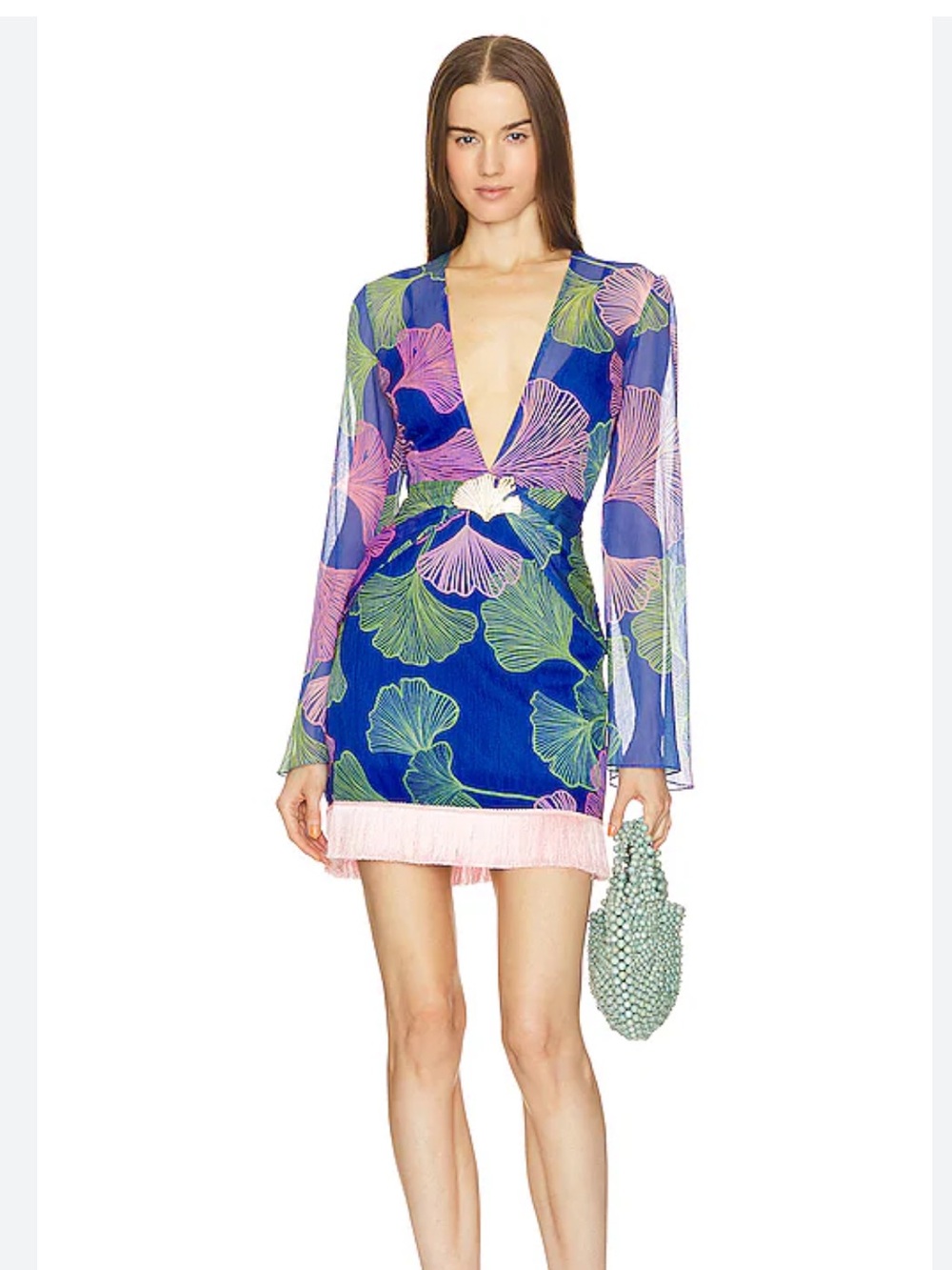 Patbo Ocean leaf plunge fringe mini dress